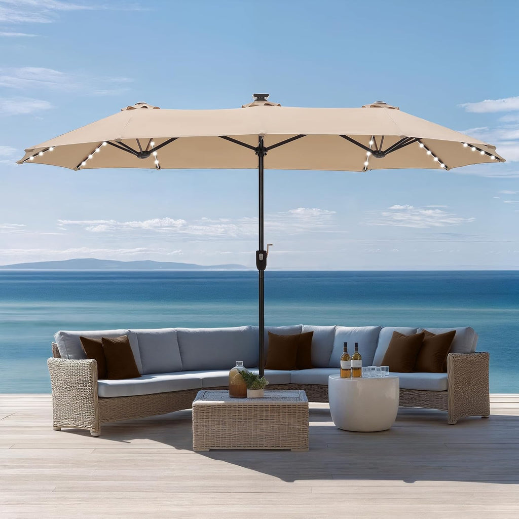 Sophia & William 13ft Outdoor Patio Umbrella with Solar Lights, Large Double-sided Umbrella with LED Lights, Perfect for Garden, Deck, Pool, Beige