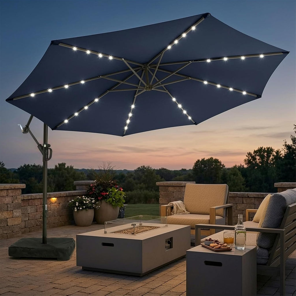 wikiwiki 10ft Solar LED Patio Umbrella with Base Included, Offset Umbrella with Weighted Sandbag Base, Cantilever Patio Umbrella for Backyard, Garden & Deck, 32 LED Lights & Polyester Shade, Navy Blue