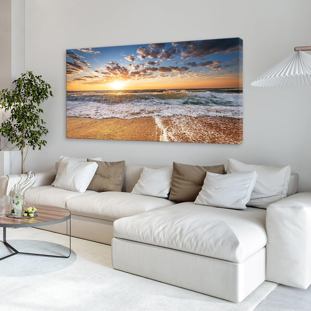 Jiuqinghua Wall Art Decor Large Canvas Print Picture Sunrise over the Sea 1 Panel Ocean Beach Waves Scenery Painting Artwork for Office Wall Decor Home Decoration Stretched and Framed Ready to Hang