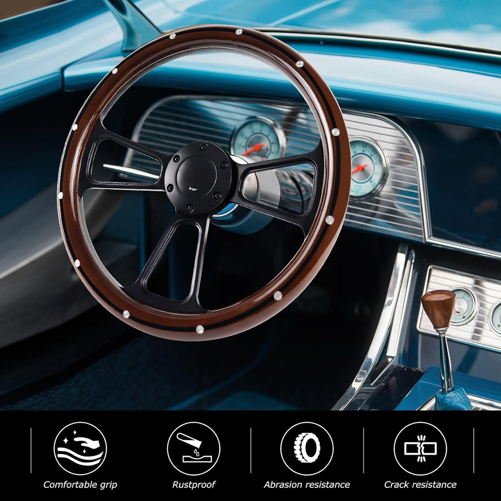 Universal Wooden Racing Steering Wheel 14 Inch 6 Bolt Black Aluminum 3 Spoke Rivet Steering Wheel with Horn Button for Racing/Rally/Motor Sports