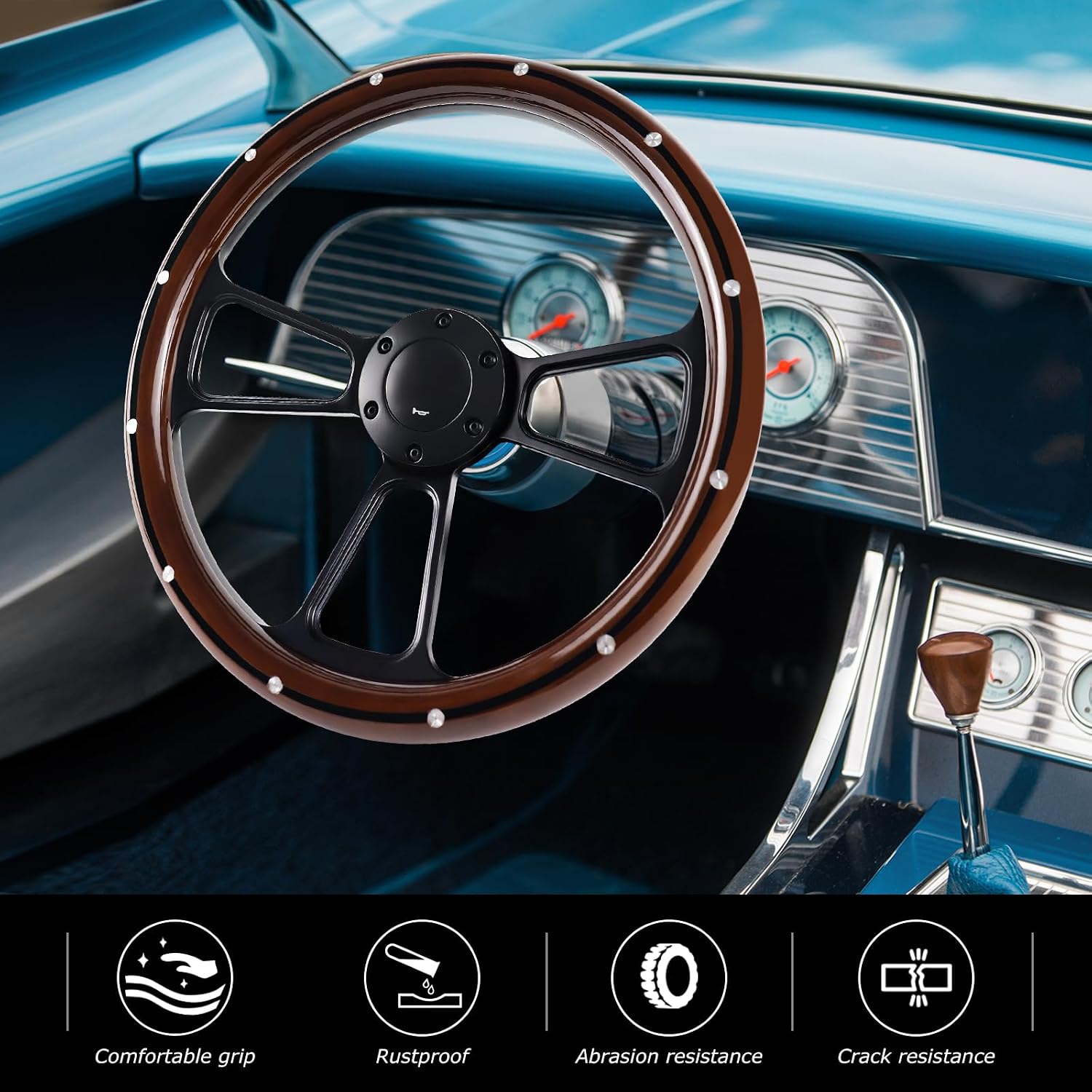 Universal Wooden Racing Steering Wheel 14 Inch 6 Bolt Black Aluminum 3 Spoke Rivet Steering Wheel with Horn Button for Racing/Rally/Motor Sports