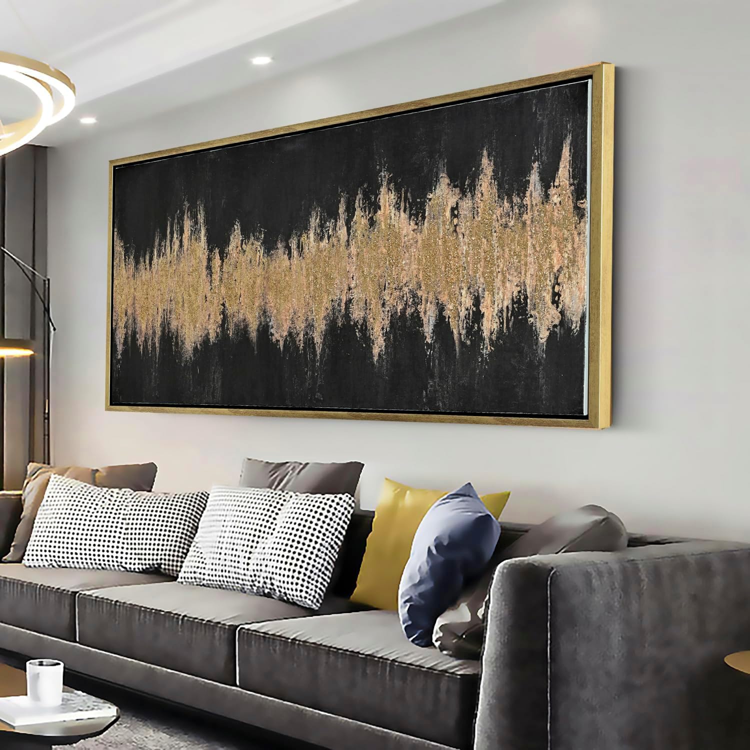 27'x56' Framed Black and Gold Abstract Sound Wave Textured Wall Art, Minimalist Pictures Canvas Wall Deco for Living Room Bedroom Office Gallery