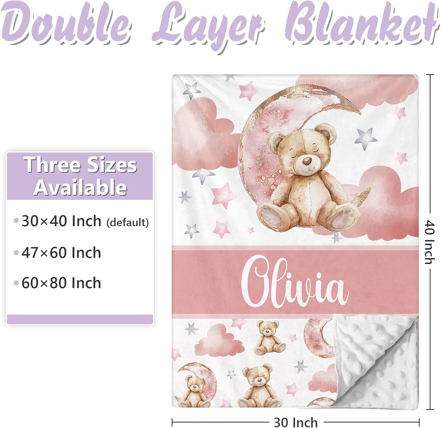 Personalized Baby Crib Bedding Set, 5 Pcs Custom Name Nursery Bedding Set for Girls Boys, Pink Bear Baby Crib Set for Toddlers Infants, Double Layer Bedding Crib Sets Customized Gifts