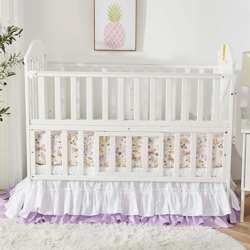 Brandream Wildflower Butterfly Crib Bedding Sets for Girls Nursery Set 3-Piece Farmhouse Quilt Comforter Set, Baby or Toddler Fitted Sheet, Double Crib Skirt, Cotton