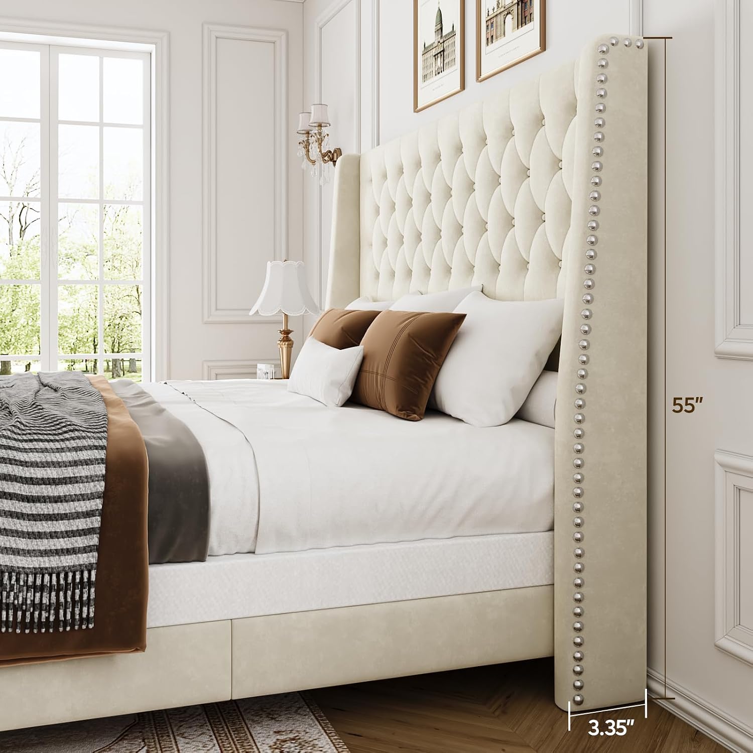 Queen Bed Frame with 55' Tall Headboard, Upholstered Bed Frames, Soft Fabric, Button Tufted Headboard with Windback, Platform Bed, Noise-Free, No Box Spring Needed, Beige