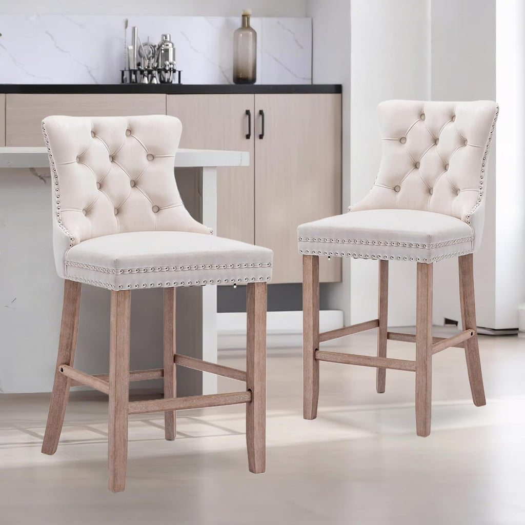 Elegant Velvet Bar Stools Set of 2,Delicate Upholstered Counter Height Barstool with Backrest,Wooden Legs Design for Kitchen Islands & Pubs（ Beige ）