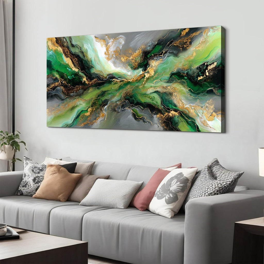 Emerald Green Abstract Wall Art Green and Gold Wall Decor Marble Canvas Picture for Living Room Above Couch Artwork Decorations Watercolor Liquid Textured Ink Prints Painting Poster Decor 75x147cm
