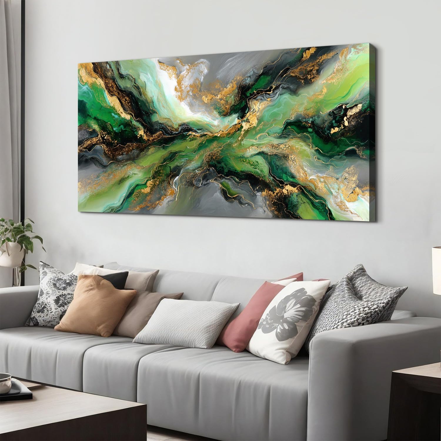 Emerald Green Abstract Wall Art Green and Gold Wall Decor Marble Canvas Picture for Living Room Above Couch Artwork Decorations Watercolor Liquid Textured Ink Prints Painting Poster Decor 75x147cm