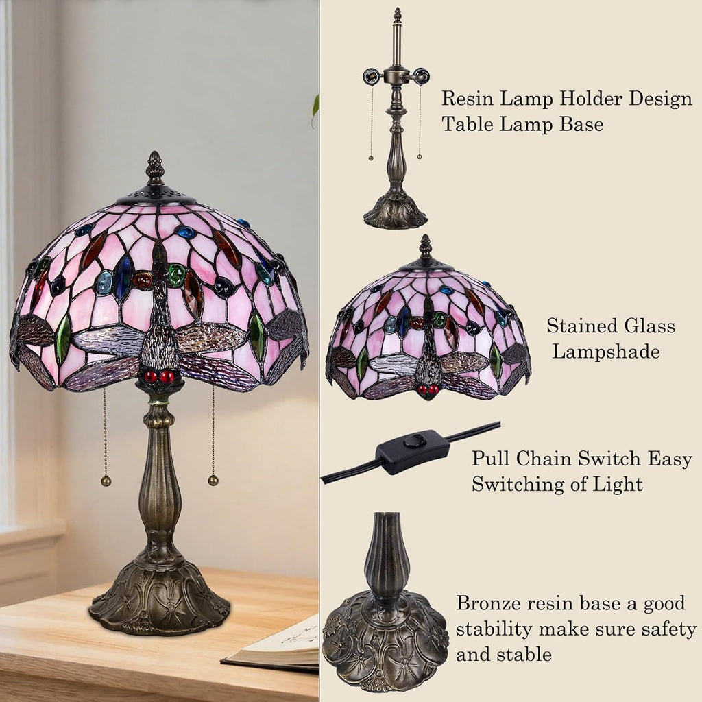 Tiffany Table Lamp, Pink Dragonfly Stained Glass Lamp,12 Inch Tiffany Style Lamp for Bedroom Living Room Home, Handcrafted Light, Included Bulb