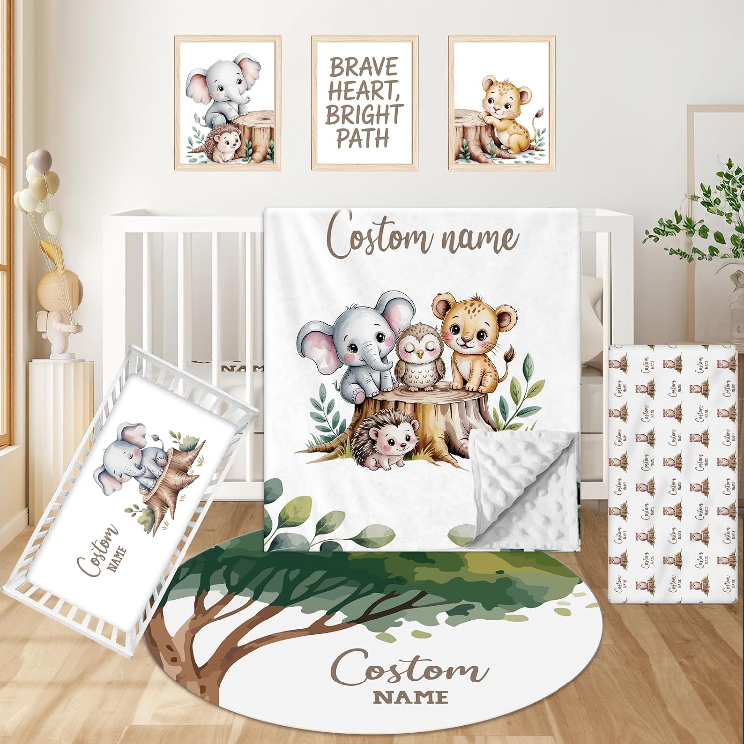 Personalized Baby Crib Bedding Set, Custom Name Nursery Bedding, Safari 5 Pcs Baby Bedding Set for Girl Boy, Fixed Size Double Layer Crib Set, Customized Gifts(Fixed Size)