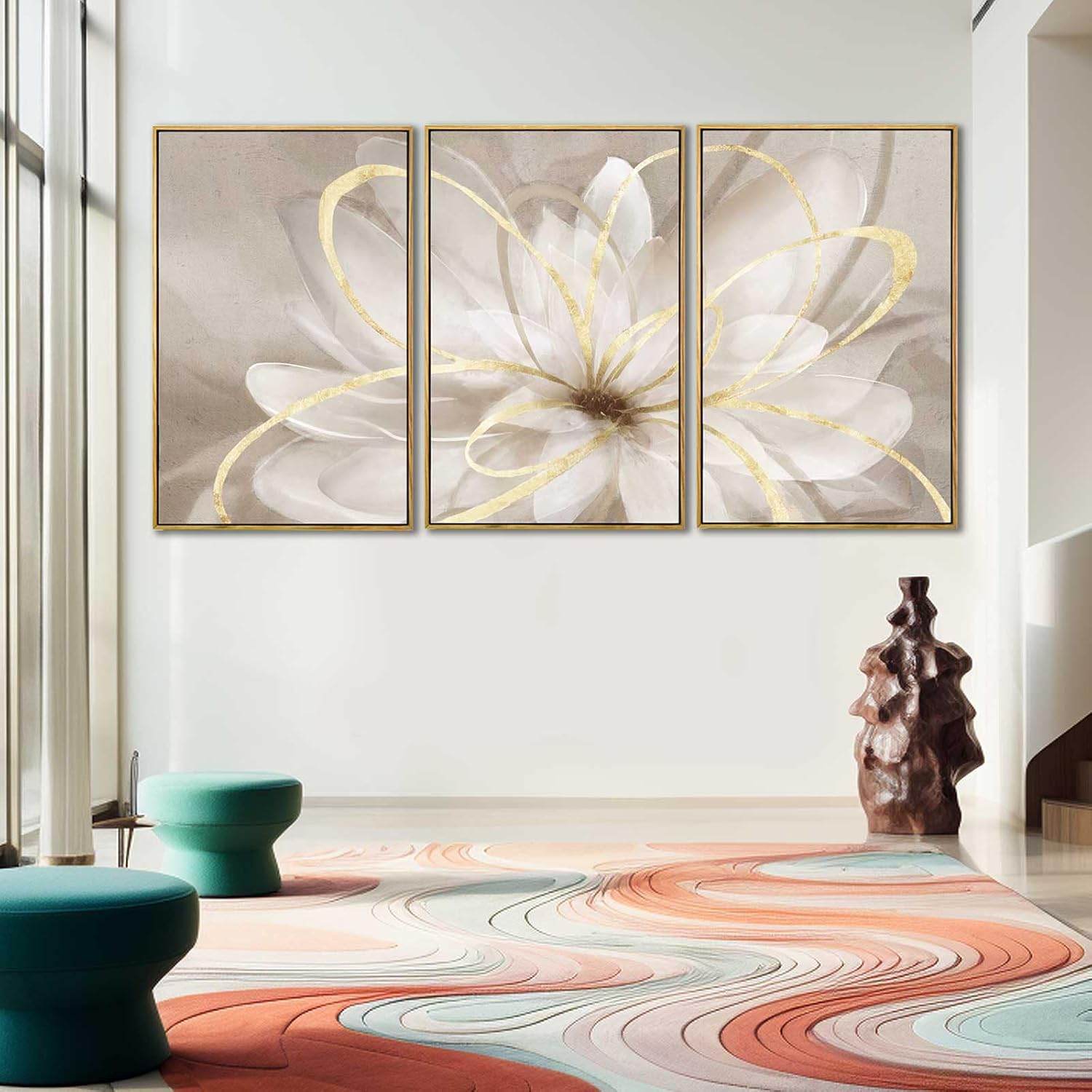 SOUGUAN Living Room Decor White Flower Artwork Gold Canvas Wall Art Abstract Line Painting for Bedroom Kitchen Dining Room Home Wall Decor 26'x40'x 3 Pieces