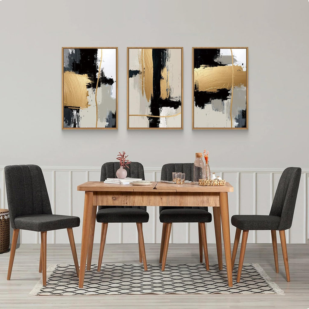 Abstract Black Gold Framed Canvas Wall Art Set,Modern Minimalist Black White Wall Decor,Neutral Color Block Line Art Print for Living Room,Bedroom,Dining Room,Office-24 x36 x3