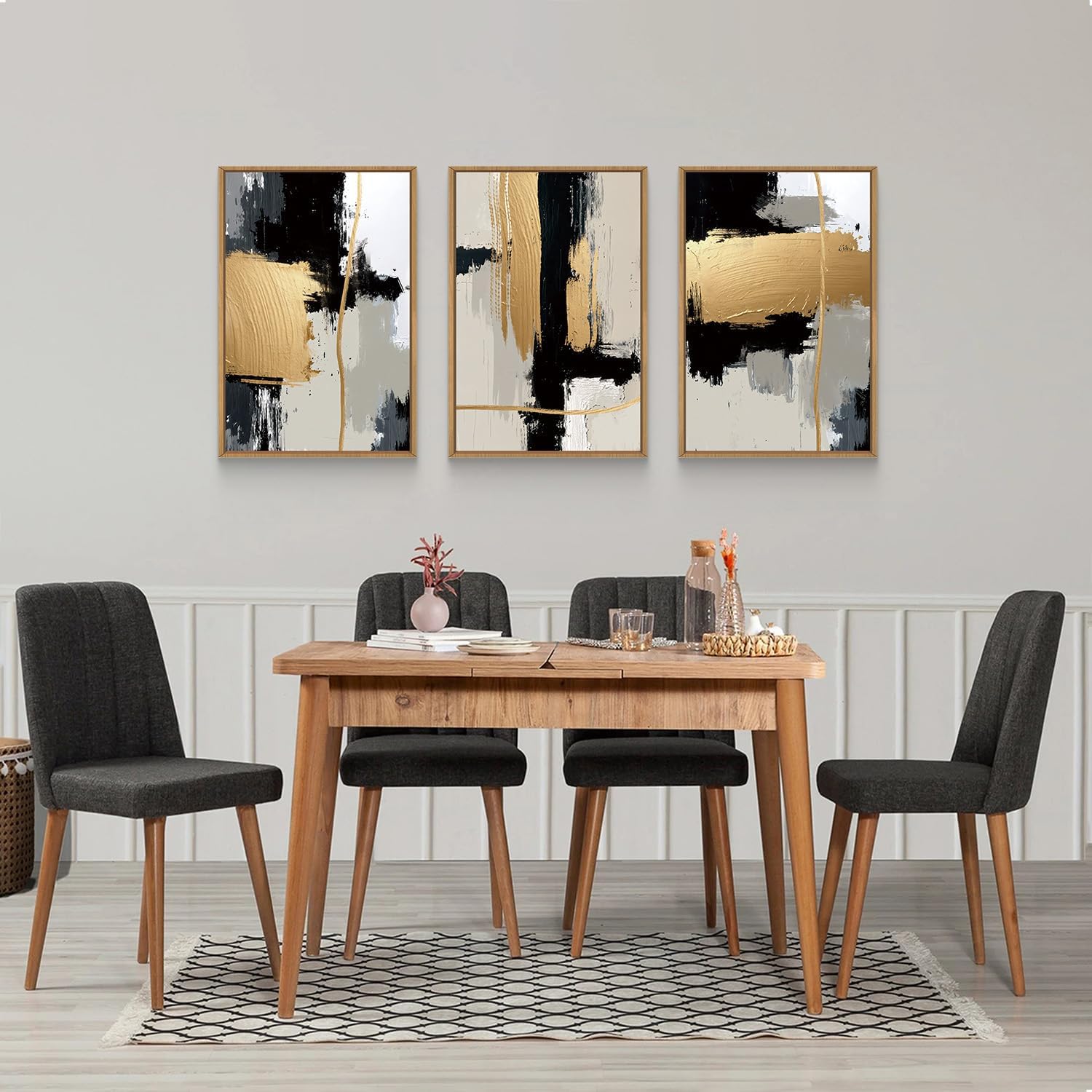 Abstract Black Gold Framed Canvas Wall Art Set,Modern Minimalist Black White Wall Decor,Neutral Color Block Line Art Print for Living Room,Bedroom,Dining Room,Office-24 x36 x3