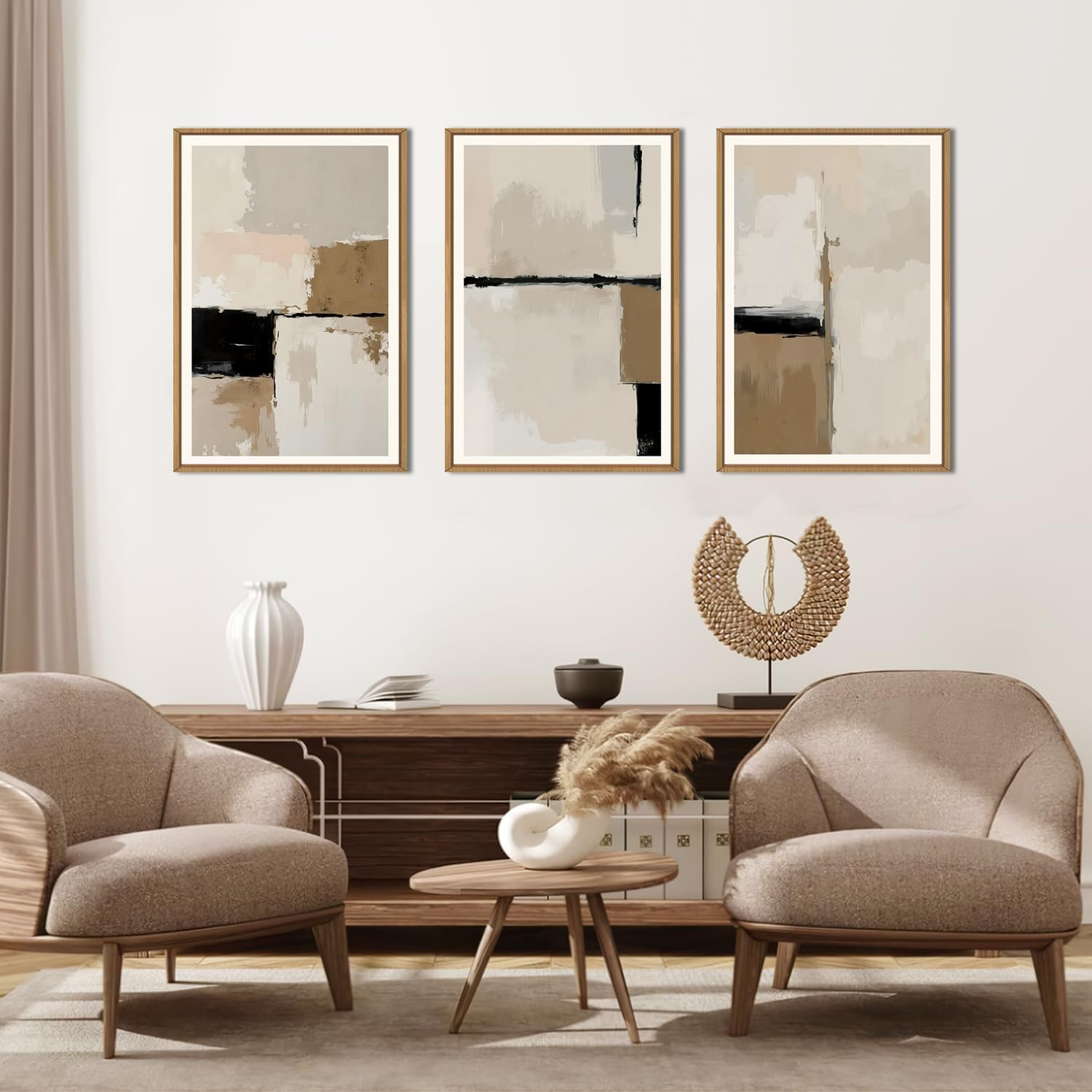 HPINUB Large Modern Abstract Framed Canvas Wall Art Set,Geometric Line Black White and Beige Textured Wall Decor Neutral Gray Minimalist Art Print for Living Room,Bedroom,Office -24'x36'x3