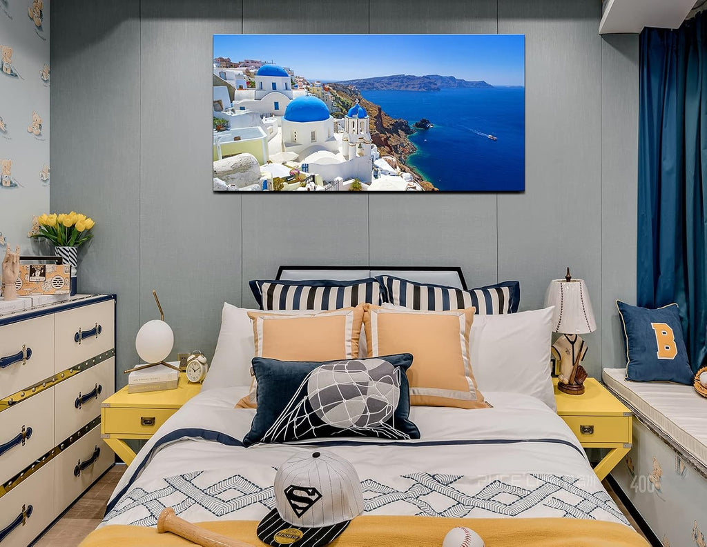 OKEXCKK Large Canvas Print Wall Art Santorini in Greece Painting Wall Decor, Blue Coastal Landscape Coastal Artwork Seascape Pictures for Living Room, Bedroom, Office Decoration - 29'x58'