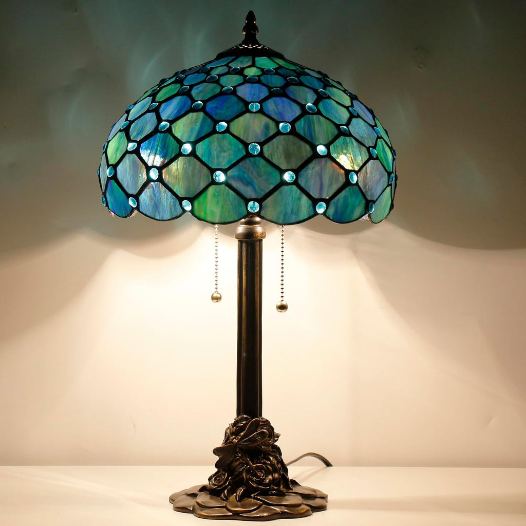 Tiffany Table Lamp Stained Glass Desk Lamp 12X12X21Inch Resin Base for Bedroom Living Room Reading Light (Sea Blue Pearl)