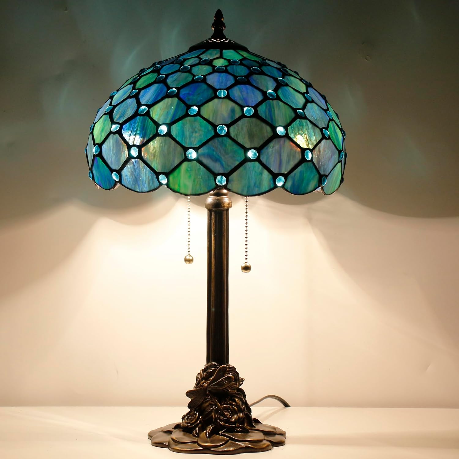 Tiffany Table Lamp Stained Glass Desk Lamp 12X12X21Inch Resin Base for Bedroom Living Room Reading Light (Sea Blue Pearl)