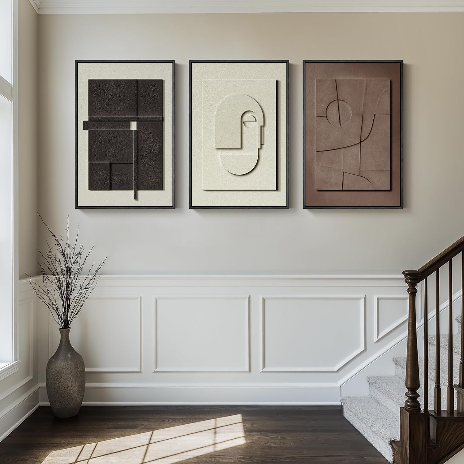 Large 3D Textured Framed Abstract Wall Art for Living Room, 3 Piece Modern Paintings Artwork for Walls, Black White Brown Geometric Sandstone Texture Pictures for Hallway Office Home Decor 24x36 In