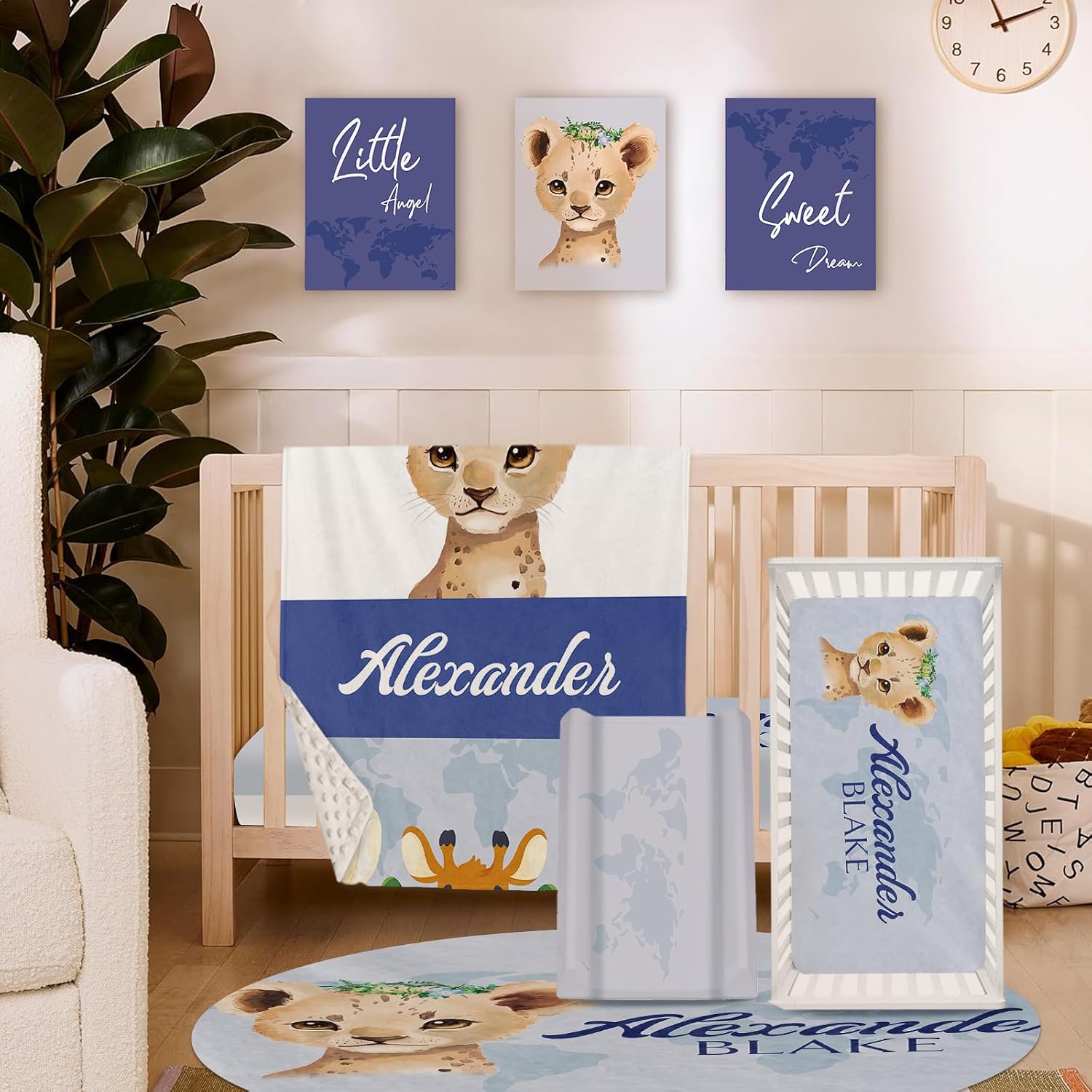 Personalized Baby Crib Bedding Set for Baby Boys Girls, Blue Leopard Pattern Custom Name Baby Crib Sets 5-Pcs, Toddler Double Layer Blanket Fitted Sheets Changing Pad Cover Rug Wall Art Set