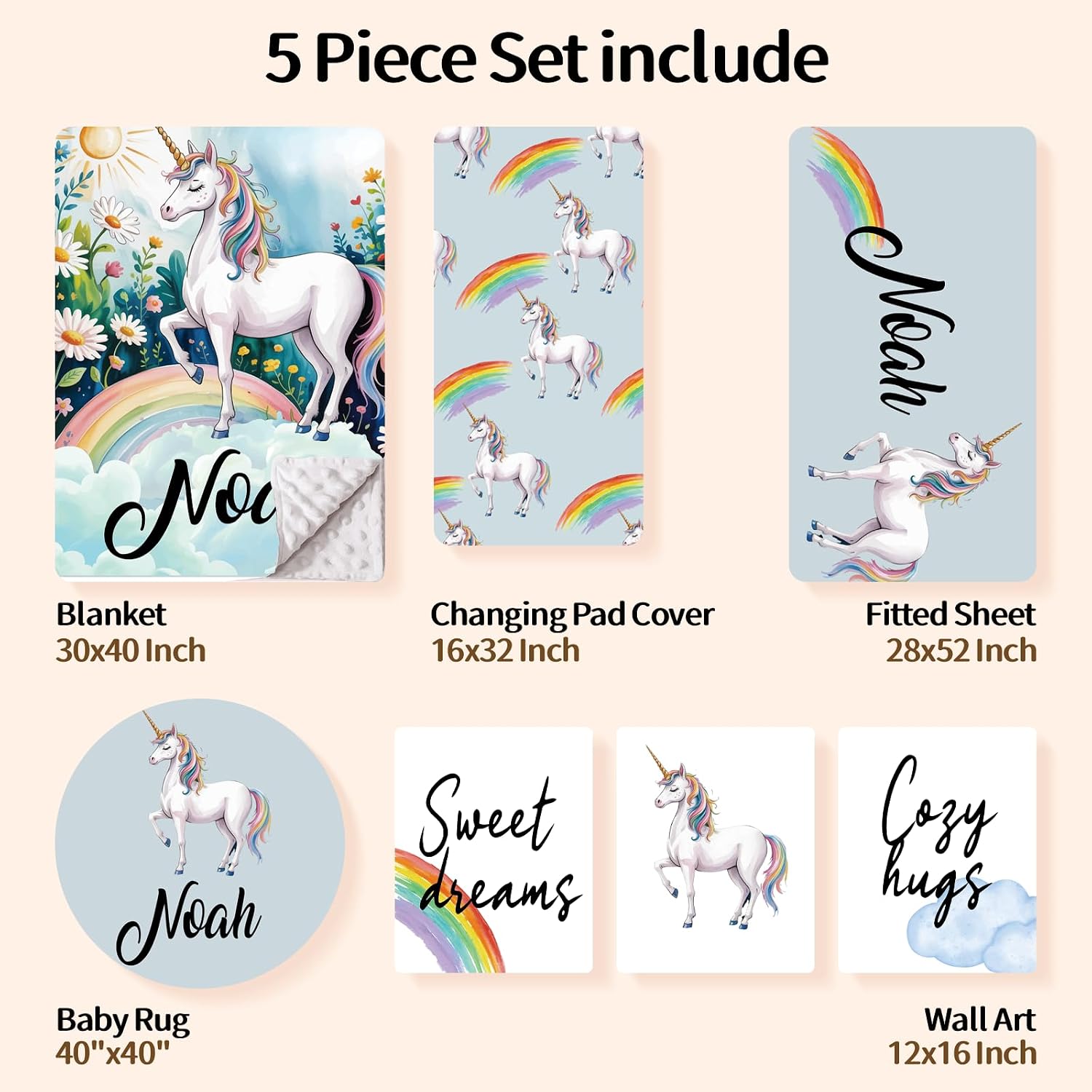 Personalized Baby Crib Bedding Set, Custom Name Nursery Bedding, Unicorn 5 Pcs Baby Bedding Set for Girl Boy, Double Layer Crib Set, Customized Gifts(Fixed Size)