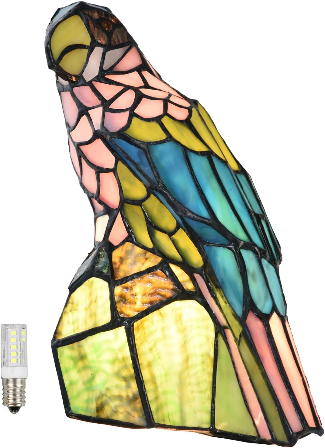 A0023 Tiffany Style Stained Glass Parrot Table Lamp, Handcrafted Colorful Bird Accent Light,W 7.25' x H 11.5' Vintage Desk Lamp for Bedroom Living Room Cafe, LED Bulb Included