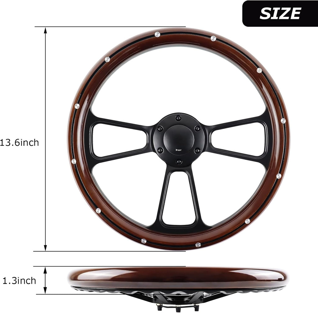 Universal Wooden Racing Steering Wheel 14 Inch 6 Bolt Black Aluminum 3 Spoke Rivet Steering Wheel with Horn Button for Racing/Rally/Motor Sports
