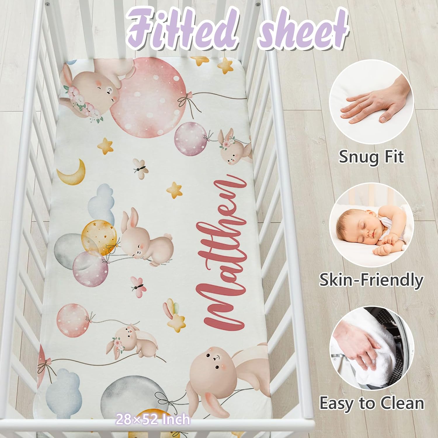 Custom Baby Crib Bedding Set, 5 PCS Personalized Name Baby Crib Sets for Girls Boys, Pink Rabbit Theme Nursery Bedding Sets for Infant Toddler, Double Layer Flannel Bed Set Customized Gifts