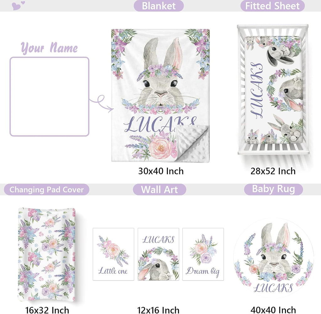 Custom Baby Crib Bedding Set, 5 PCS Personalized Name Baby Crib Sets for Girls Boys, Rabbit Theme Nursery Bedding Sets for Infant Toddler, Double Layer Flannel Bed Set Customized Gifts