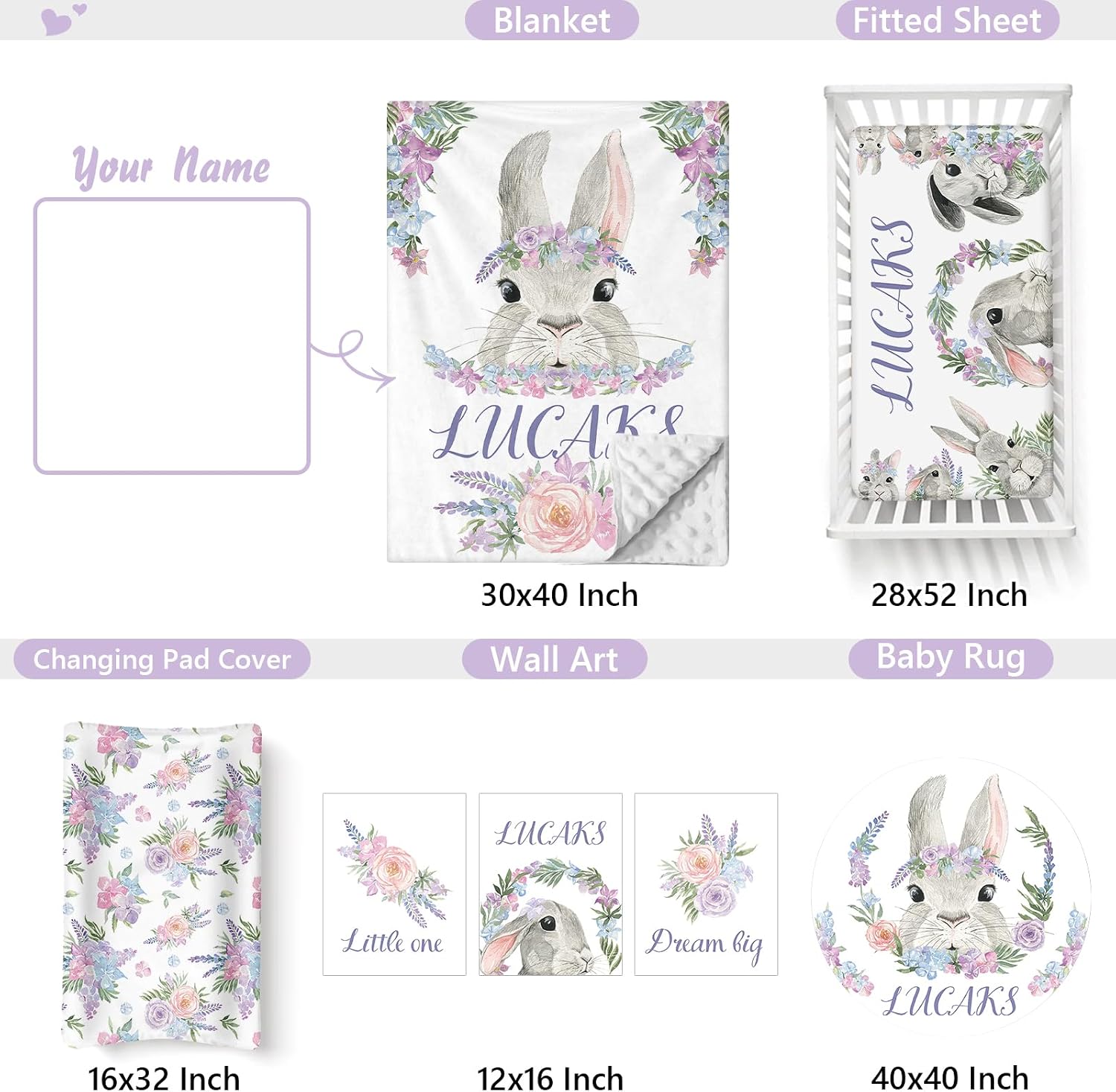 Custom Baby Crib Bedding Set, 5 PCS Personalized Name Baby Crib Sets for Girls Boys, Rabbit Theme Nursery Bedding Sets for Infant Toddler, Double Layer Flannel Bed Set Customized Gifts