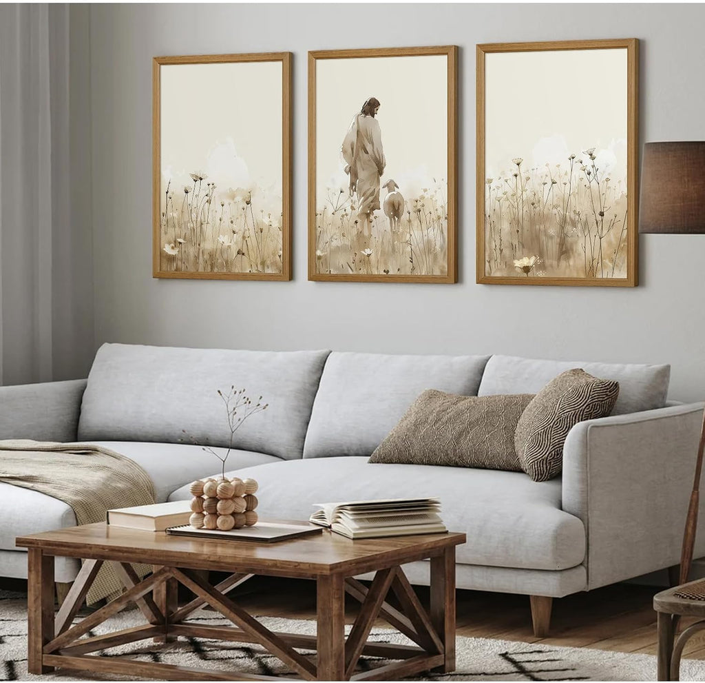 Jesus Leaves the 99 Sheep Wall Art Christian Canvas Poster Jesus and Lamb Wall Decor Religious Pictures Lost Sheep Painting God Christ Painting Artwork for Bedroom Living Room 24x36x3 Inch Wood Framed