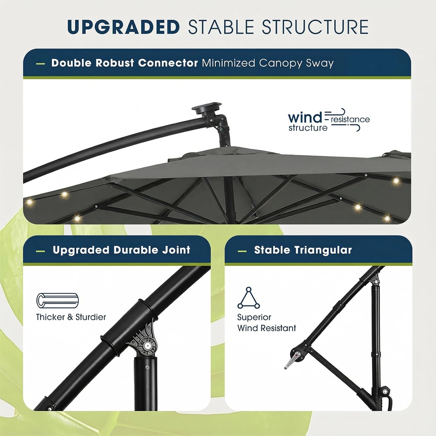 wikiwiki 10ft Solar LED Patio Umbrella with Base Included, Offset Umbrella with Weighted Sandbag Base, Cantilever Patio Umbrella for Backyard, Garden & Deck, 32 LED Lights & Polyester Shade, Dark Gray