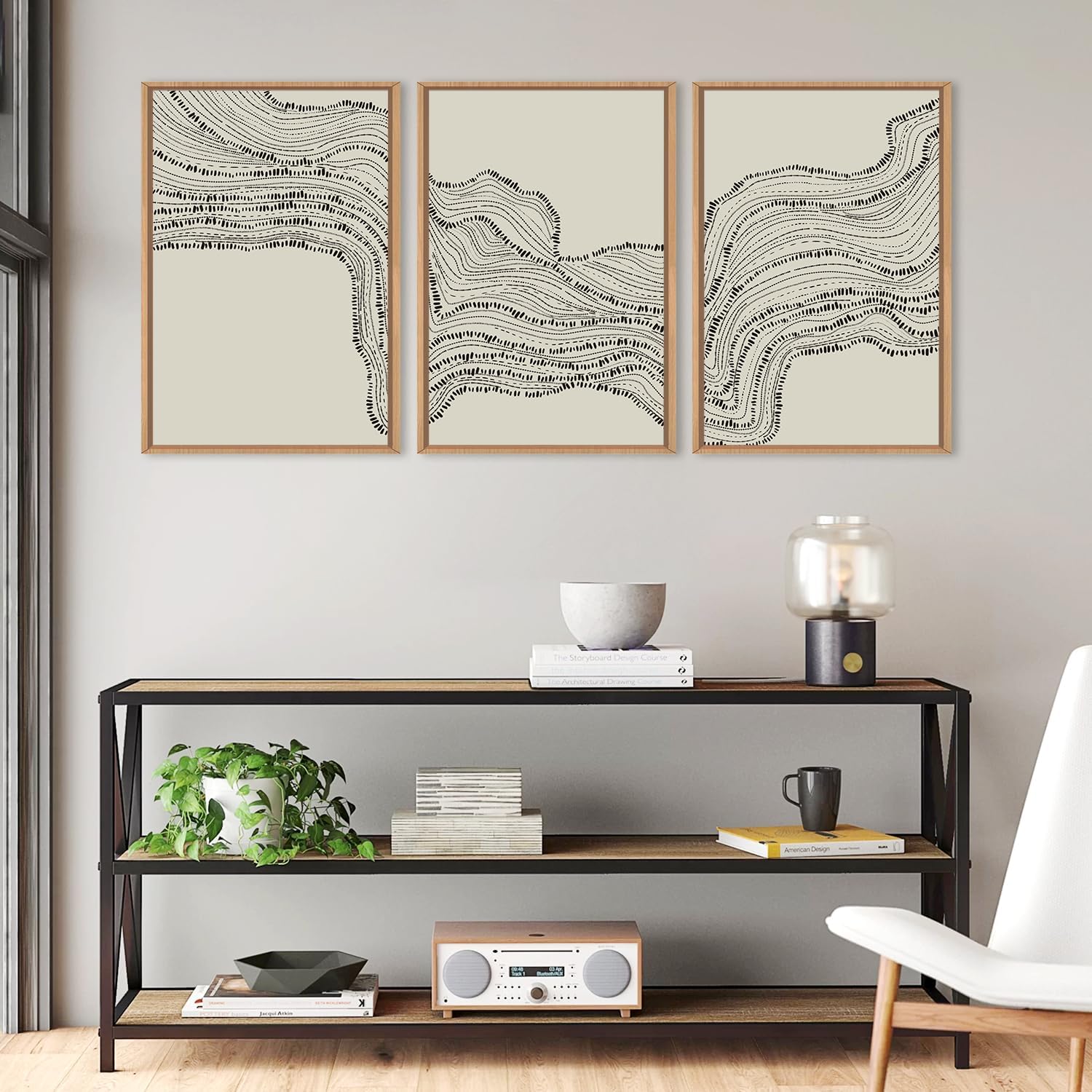HLNIUC Neutral Abstract Framed Canvas Wall Art Set, Black Beige Wave Line Wall Decor, Large Minimalist Painting, Modern Geometric Art Print for Living Room, Bedroom, Dinning Room, Office - 24'x36'x3