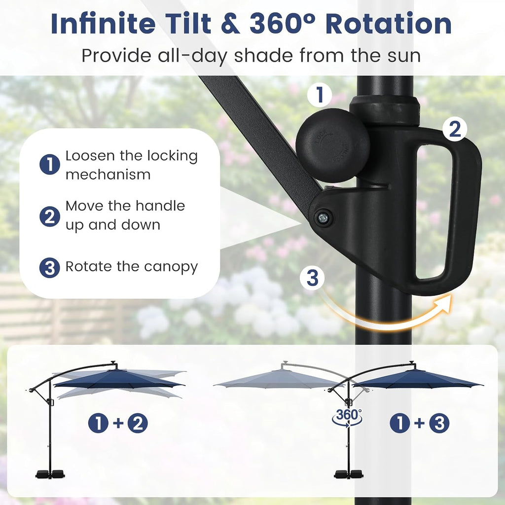 Tangkula 10 FT Solar Patio Umbrella with Base Included, Cantilever Offset Hanging Outdoor Umbrella with 96 Multi-Colored Flowing LED Lights, 9 Modes, Tilt Adjustment, 360° Rotation, Crank for Pool Yard Deck Lawn (Navy)