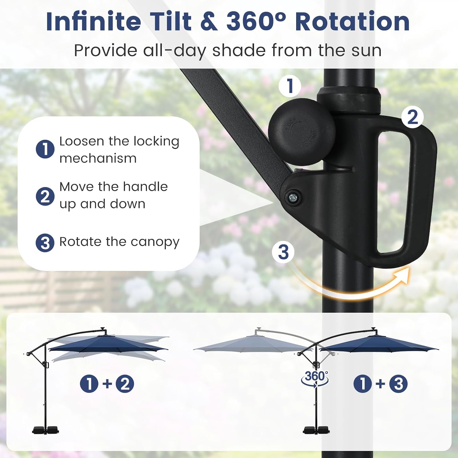 Tangkula 10 FT Solar Patio Umbrella with Base Included, Cantilever Offset Hanging Outdoor Umbrella with 96 Multi-Colored Flowing LED Lights, 9 Modes, Tilt Adjustment, 360° Rotation, Crank for Pool Yard Deck Lawn (Navy)