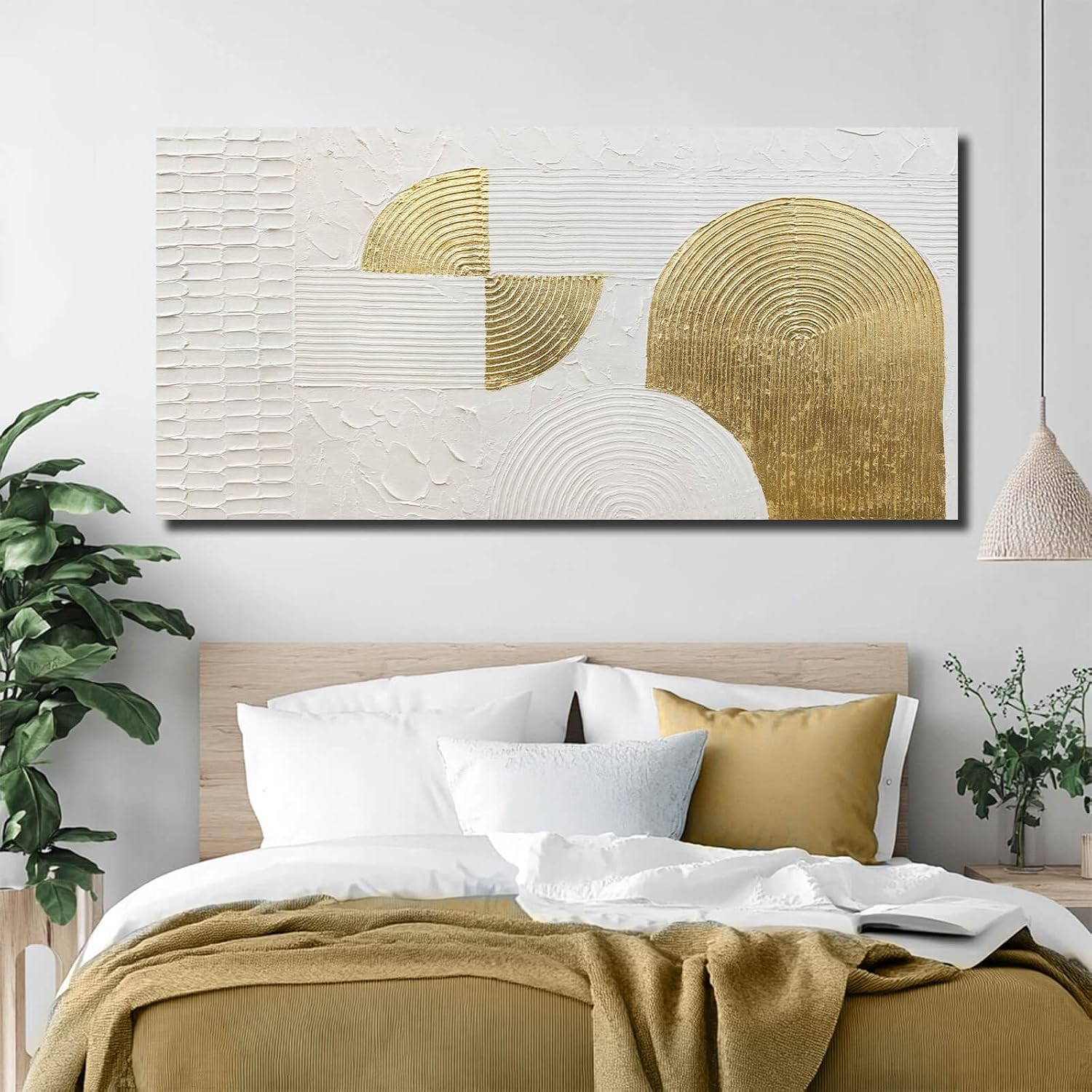 VAYIMDH Large Canvas Wall Art for Living Room Gold Wall Decor White Paintings Abstract Pictures Hand Drawn Arts for Office Hotel 29'x58'