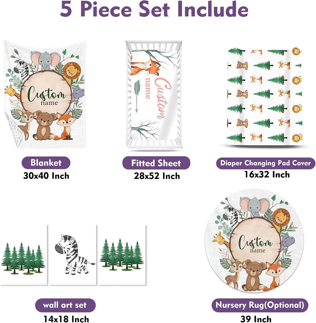 TOOTANN Custom Baby Crib Bedding Set, 5 Pcs Personalized Name Baby Crib Sheets for Kid Toddler Infant, Forest Animals and Tree Stumps Nursery Bedding Set
