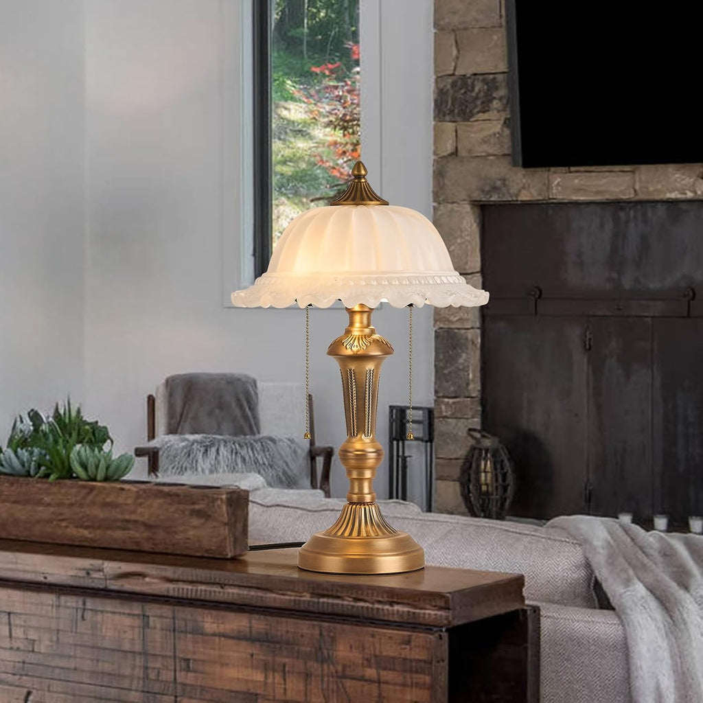 HDDFL Glass Shade Table Lamp 2 Lights Vintage Metal Desk Lamp with Plug Switch for Bedroom Living Room Home Office Brass and White