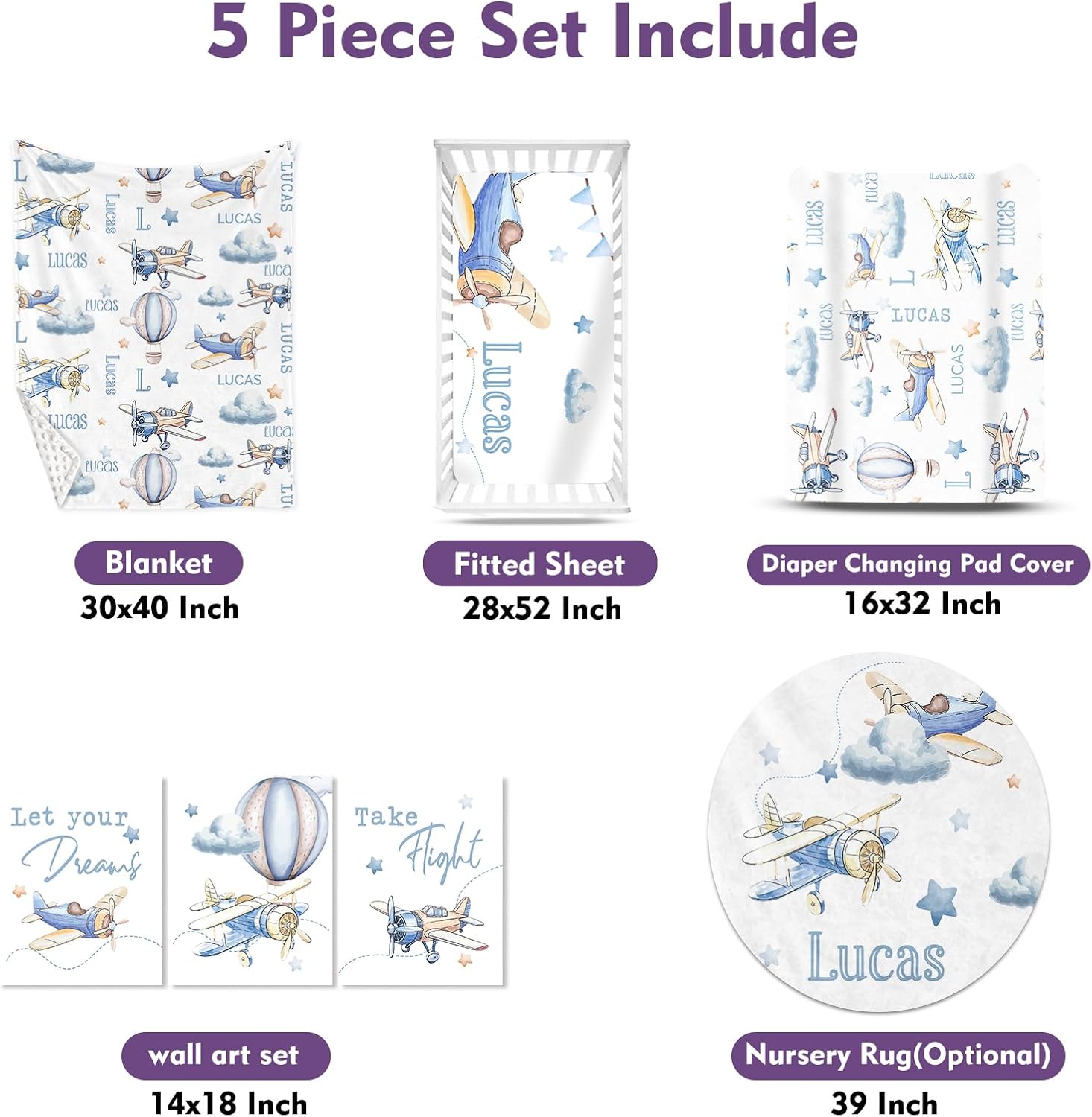 Personalized Baby Crib Bedding Set for Baby Boys Girls, Toy Airplane Pattern Custom Name Baby Crib Sets 5-Pcs, Toddler Double Layer Blanket Fitted Sheets Changing Pad Cover Rug Wall Art Set