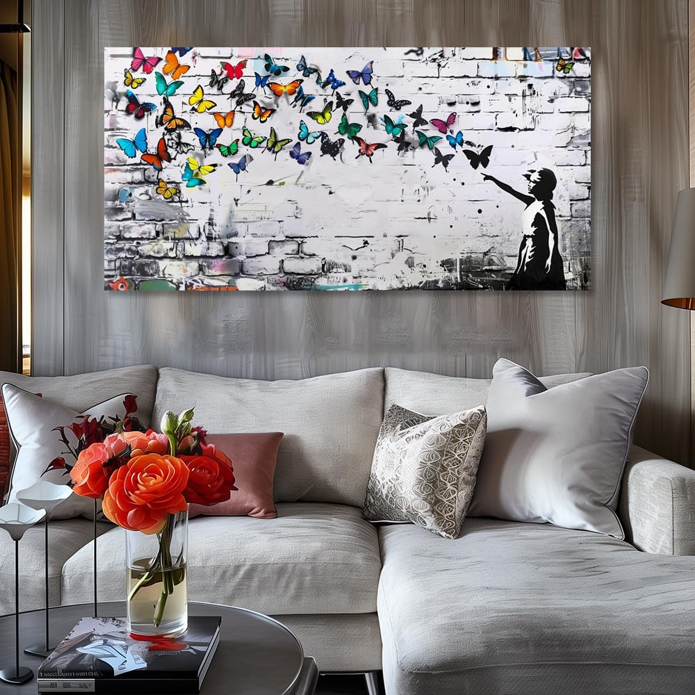 Colorful Graffiti Wall Art Funny Butterfly Paintings Banksy Street Art Mural Pop Art Home Office Wall Decor Framed Canvas Wall Decor for Living Room Ready to Hang -58x28in