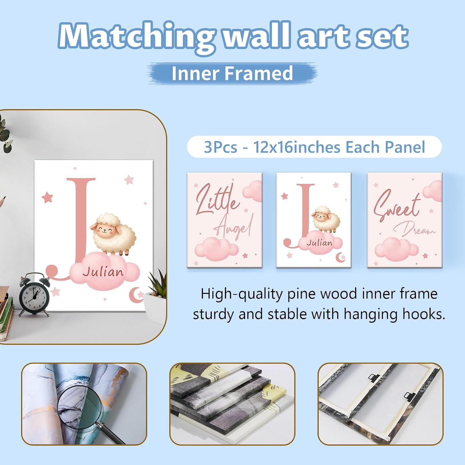 KAINSY Custom Crib Bedding Set, 5 Pcs Personalized Name Monogram Baby Crib Sets for Infants Toddlers, Pink Sheep Nursery Bedding Set for Boys Girls, Double Layer Baby Bedding Sets Customized Gifts