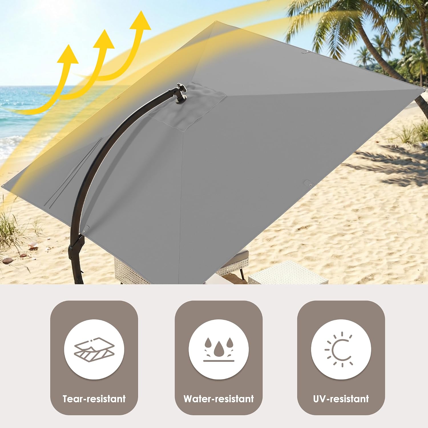 ENSTVER 11x11ft Large Cantilever Umbrella With Base Included & Solar Powered Led Lights, Deluxe Curvy All-Aluminum Rectangular Patio Umbrella For Deck, Pool And Backyard (Grey)