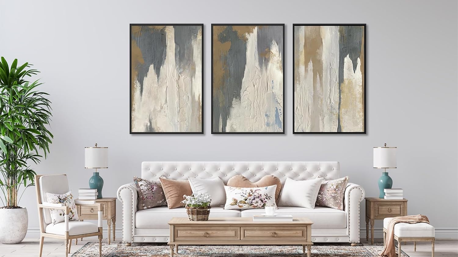 ASDCEUTICALS Large Canvas Wall Art - Gray Brown and Beige Abstract Pictures for Living Room Vintage Wall Decor Retro Artwork Black Float Framed Paintings for Bedroom Dinning Room 24' X 36' X 3 pcs