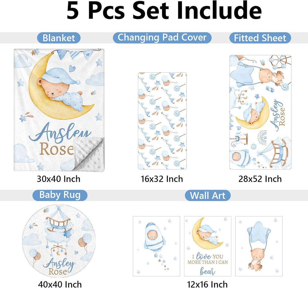 KAINSY Custom Crib Bedding Set 5 Piece for Girls Boys – Personalized Sleeping Bear Theme, Newborn Sleep Set, Nursery Decor, Toddler Room Essentials, Infant Sleep, Baby Room Accessories, Baby Gift