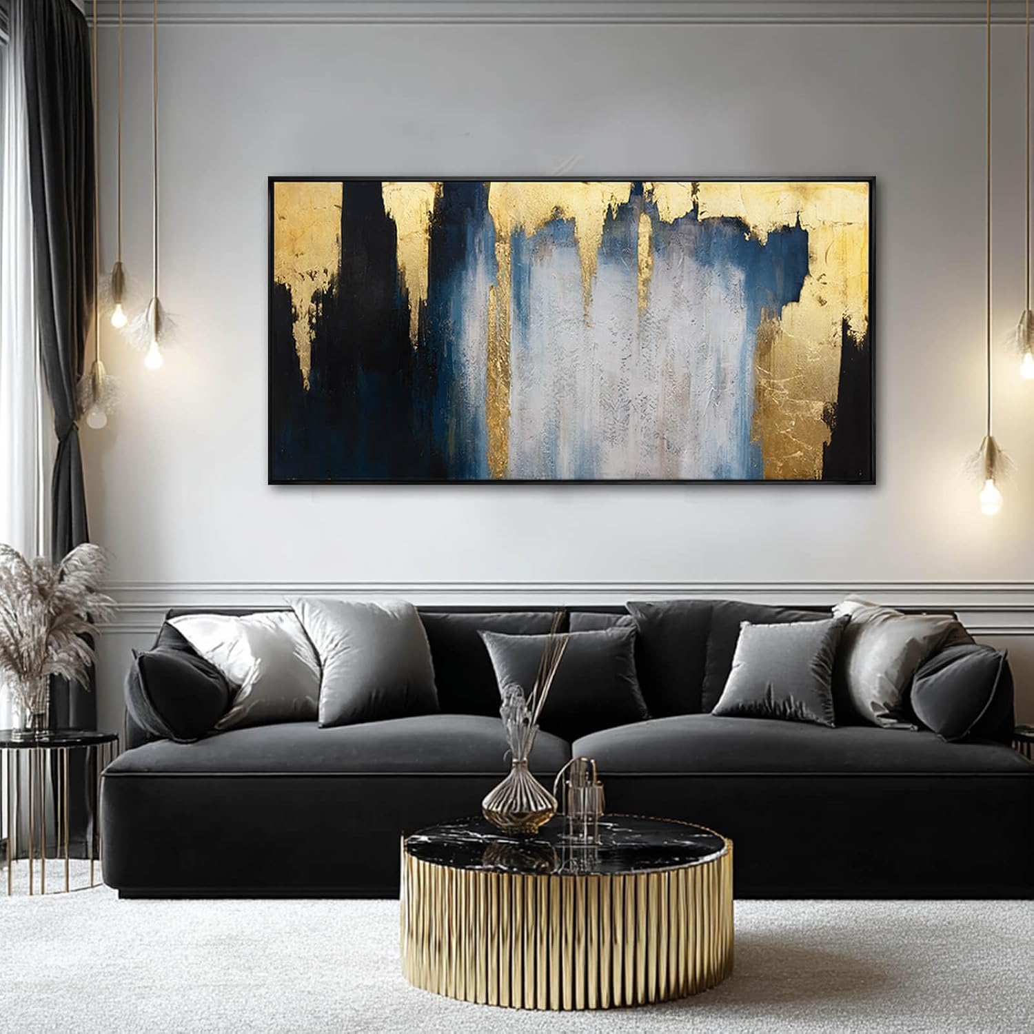 WINKAILIN Abstract Blue and Gold Wall Art with Black Frame Modern 24x48 Canvas Painting Large Artwork for Living Room Bedroom Office Home Decoration