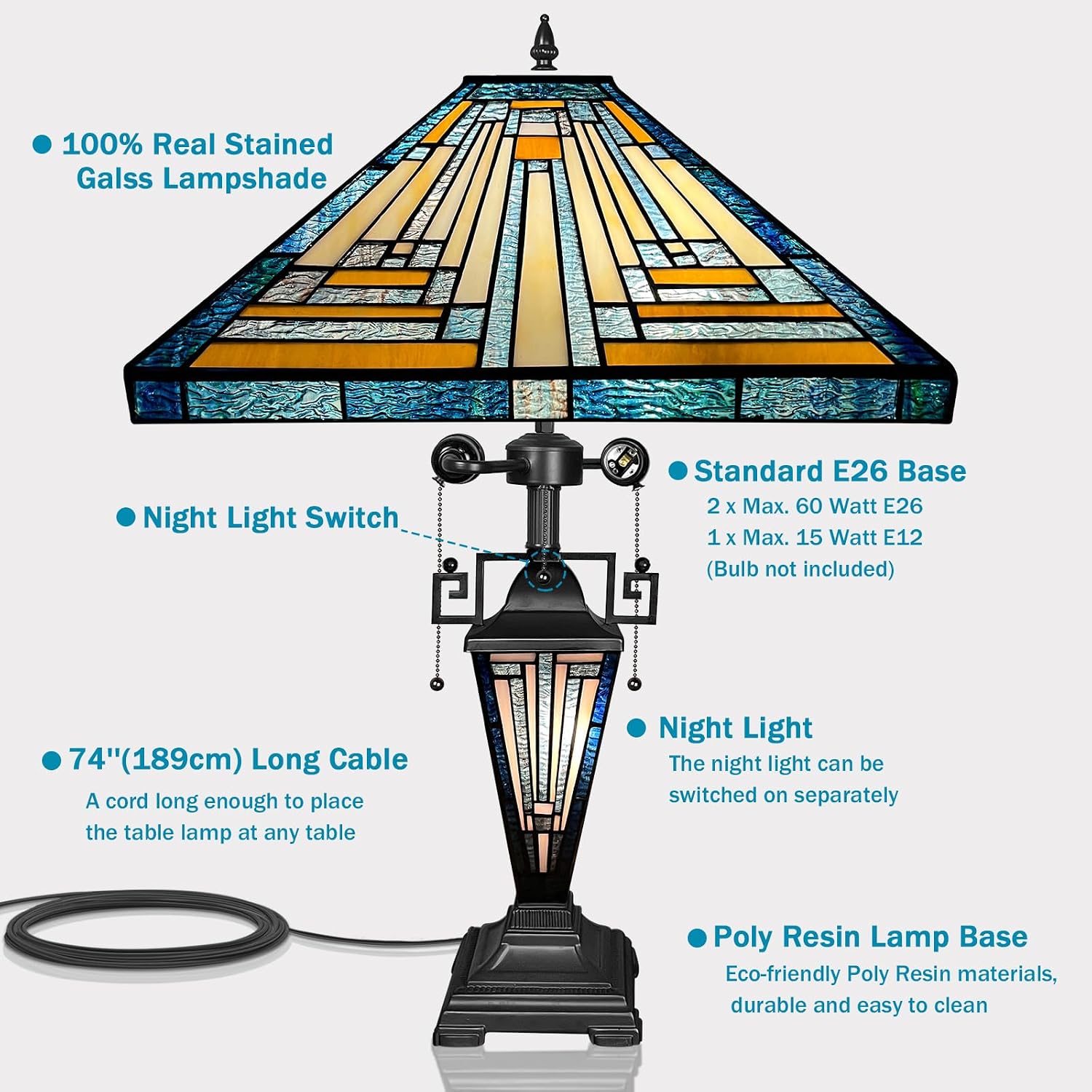 Capulina Tiffany Lamp Stained Glass Table Lamp with Night Light 3-Light 16x16x24 Inches Mother-Daughter Vase Mission Blue Amber Desk Lamp for Home Office Living Room Bedroom