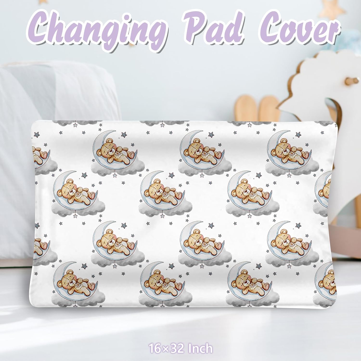 Personalized Baby Crib Bedding Set, 5 Pcs Custom Name Nursery Bedding Set for Girls Boys, Grey Moon Bear Baby Crib Set for Toddlers Infants, Double Layer Bedding Crib Sets Customized Gifts