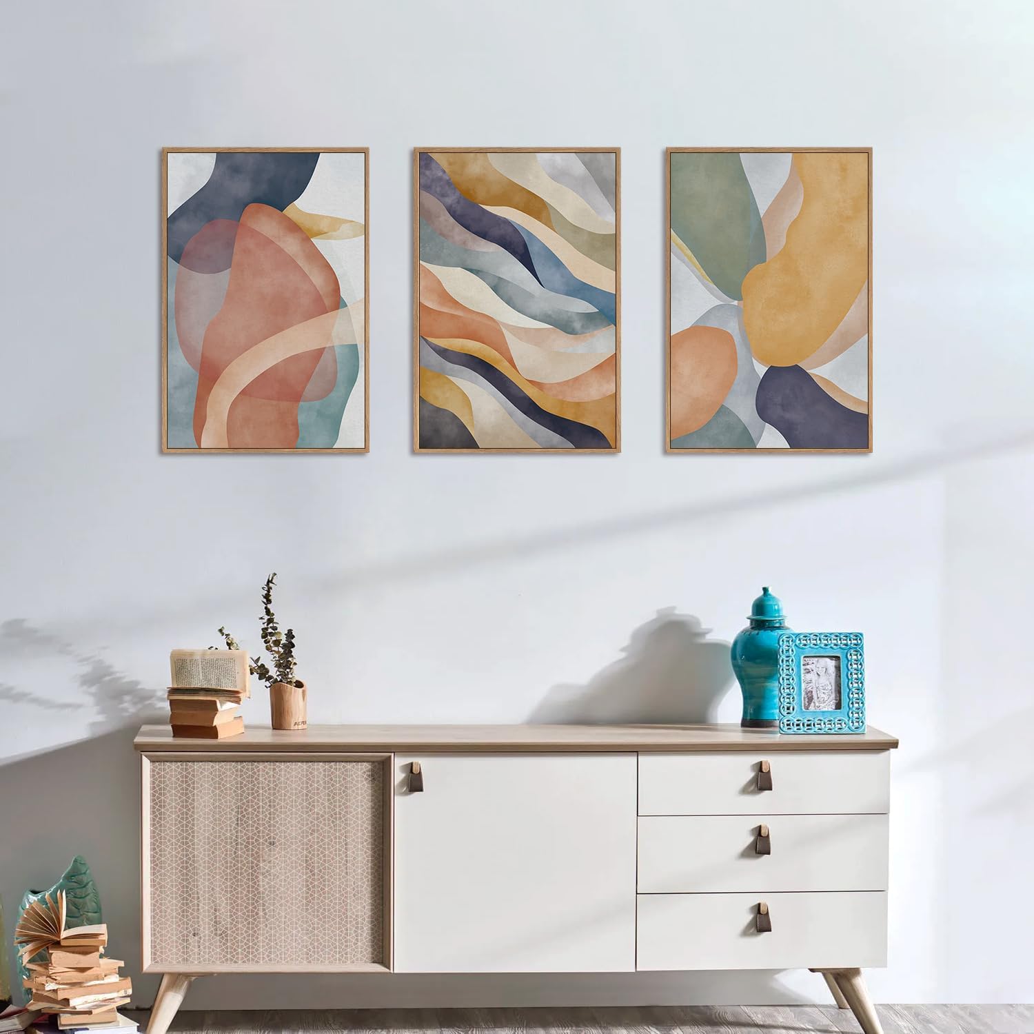 LHIUEM Large Abstract Neutral Framed Canvas Wall Art Set,Colorful Watercolor Block Wall Decor,Boho Geometric Illustrations Artwork for Living Room,Bedroom,Dining Room,Office - 24'x36'x3