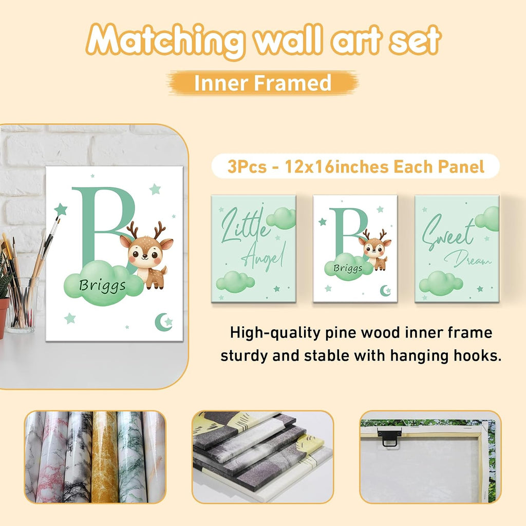 Terwex Personalized Crib Bedding Set, 5 Pcs Custom Nursery Bedding Sets with Name, Infant Bedding Set for Baby Girl Boy, Green Deer Double Layer Baby Crib Set, Toddlers Babies Kids Customized Gifts