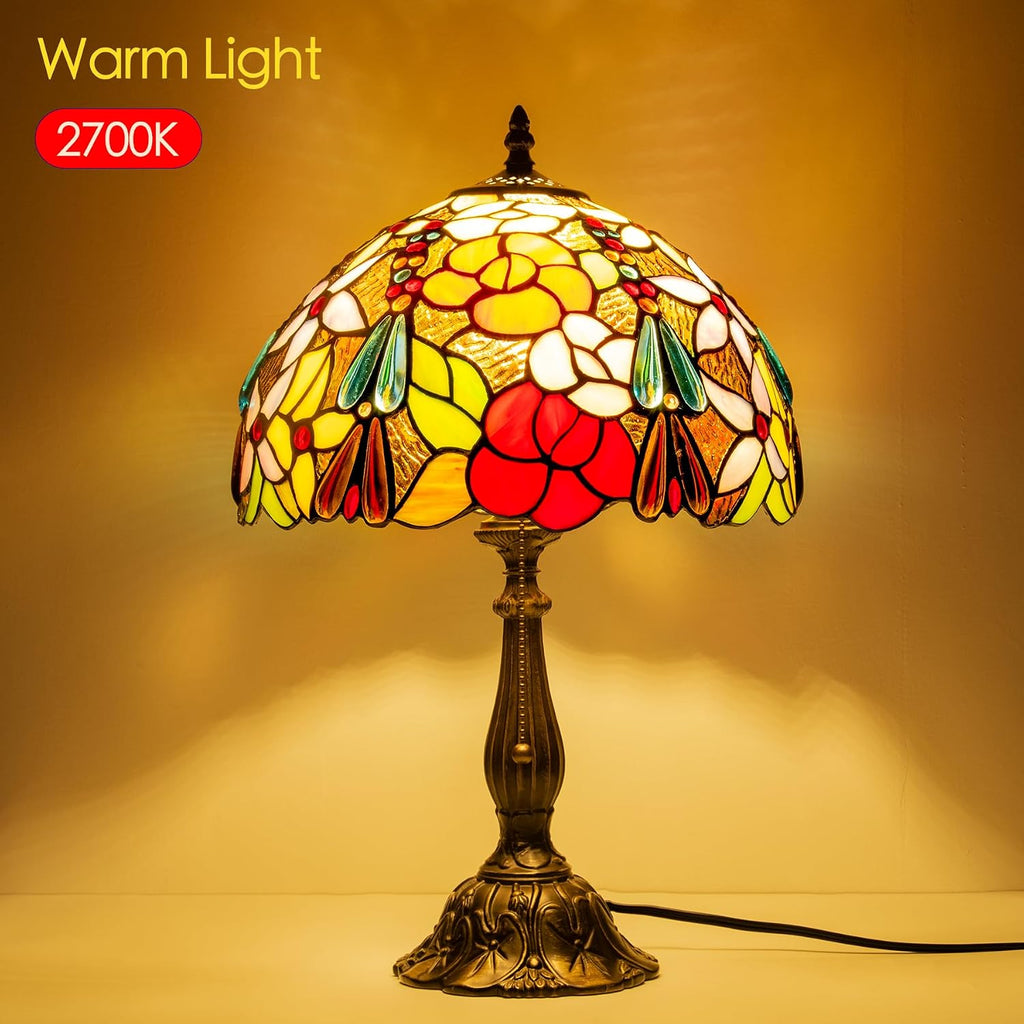 Tiffany Style Stained Glass Table Lamp, Floral Flower Desk Light with Antique Bronze Resin Base, Colorful Decorative Lighting for Bedroom, Living Room, Office 12X12X19 Inch (Flower Floral)