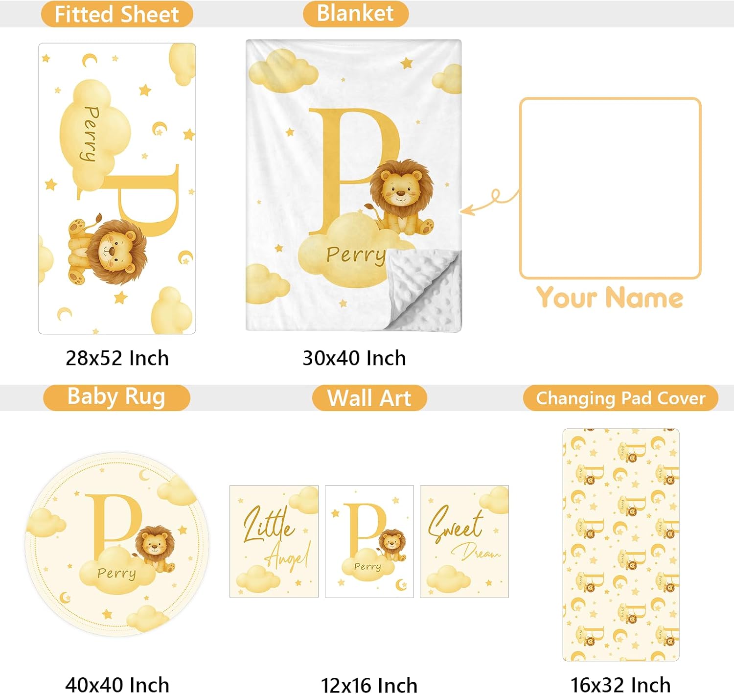 Terwex 5 Piece Customized Crib Bedding Set for Boys & Girl- Custom Name Baby Crib Yellow Lion Nursery Bedding Set with Fitted Sheet, Soft Blanket, Rug, Personalized Gifts for Newborn Infant Toddler